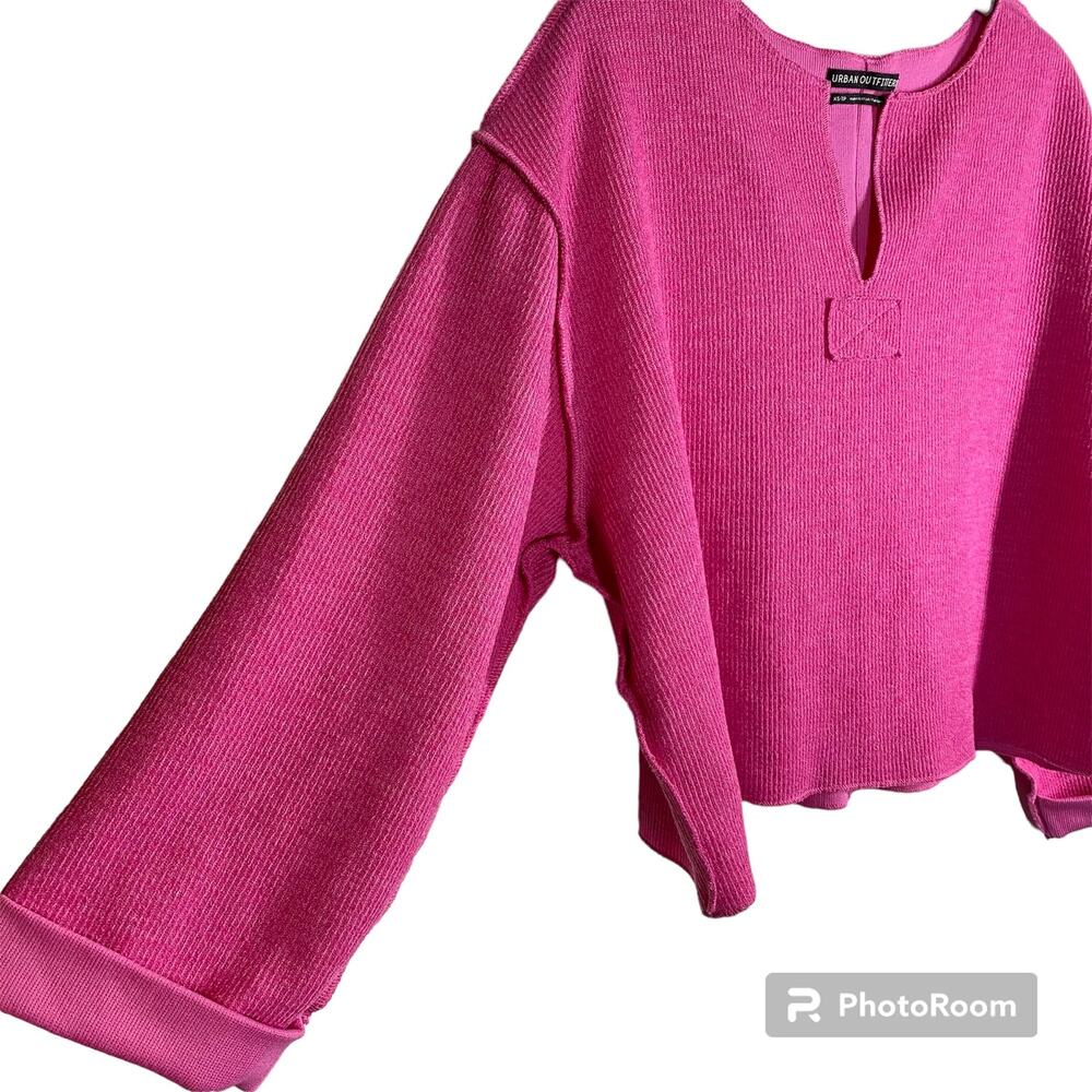 Urban Outfitters Sweater Ribbed Knit 3/4 Sleeve V Neck Oversized Pink UO Size XS - Picture 3 of 7